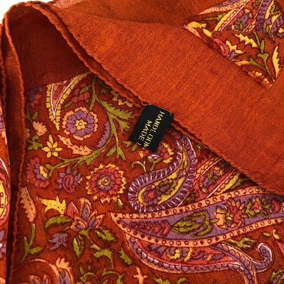 Handloom Pure Silk Scarf India Vibrant Rich Burnt Orange Terracotta  43”x43” - Picture 7 of 16